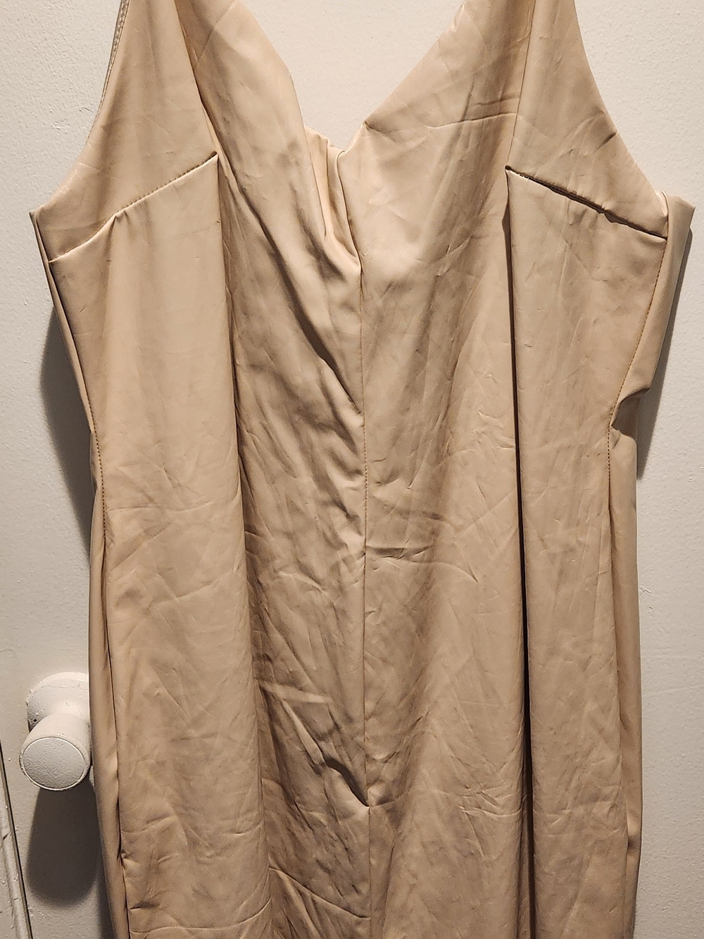Fashion Nova Sleeveless V-Neck Faux Leather Dress in Beige
